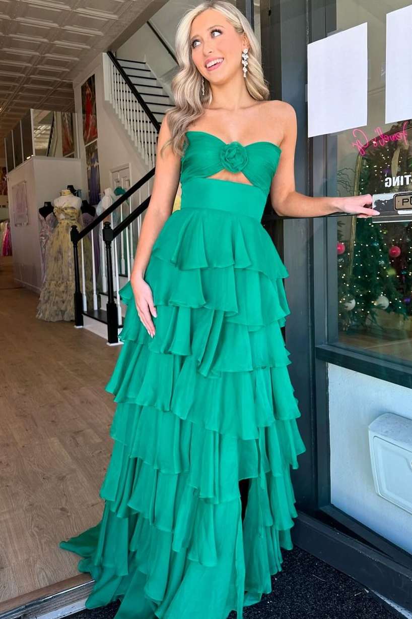 Strapless keyhole Tiered Ruffles Floor Length Chiffon Prom Gown in Pink