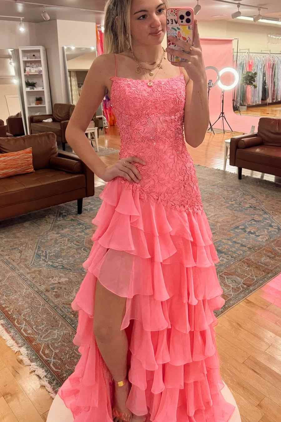 Chiffon Coral Spaghetti Straps Applique Prom Dress with Slit