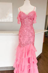 Cold Shoulder Hot Pink Mermaid Prom Dress with Applique