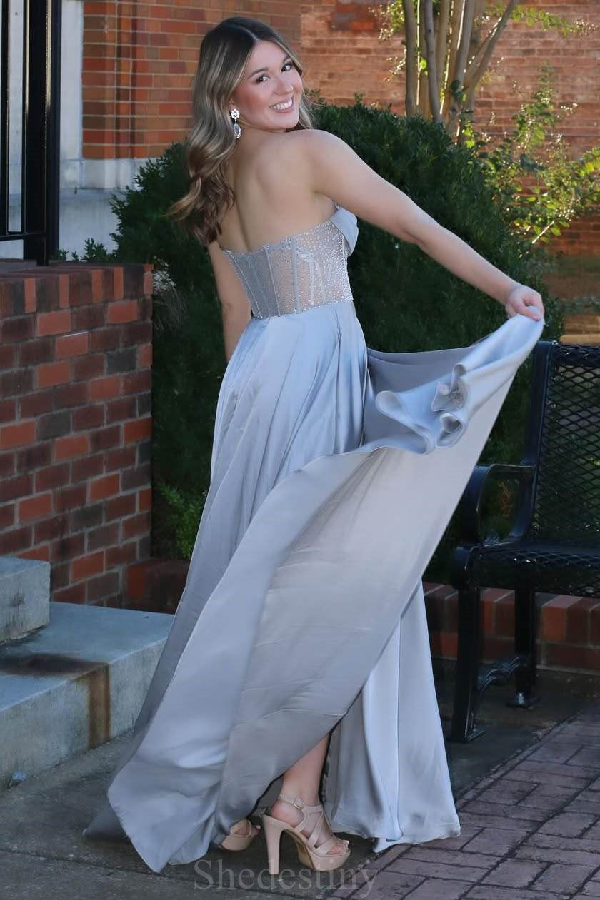 Rhinestone Strapless Gorgeous Silver Prom Dress with Slit