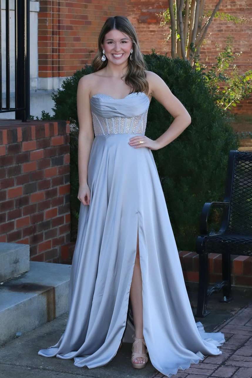 Gorgeous Rhinestone Strapless Silver Prom Dress with Slit