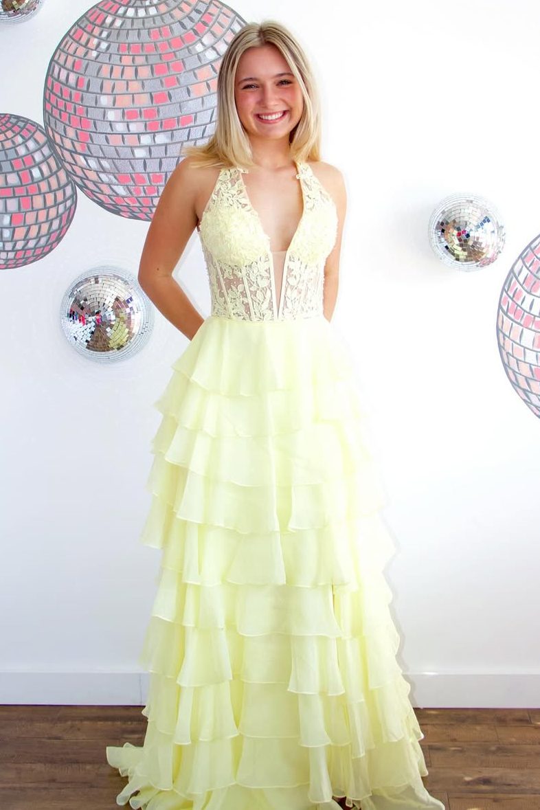 Chiffon Yellow V-Neck Mermaid Slit Halter Prom Dress with Tiered Ruffles