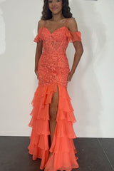 Cold Shoulder Orange Mermaid Prom Dress with Applique