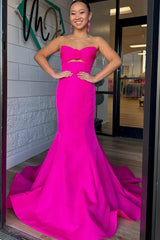 Keyhole Fuchsia Strapless Mermaid Fitted Satin Long Prom Dress