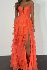 Chiffon orange Sweetheart Tiered Ruffles Prom Dress with Slit