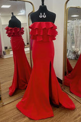 Red Tiered Ruffles Strapless Mermaid Slit Prom Dress