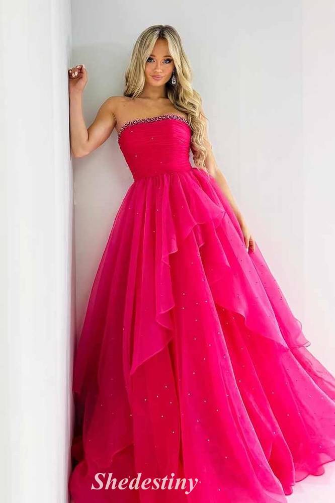 A-Line Fuchsia Rhinestone Strapless Layered Tulle Prom Dress