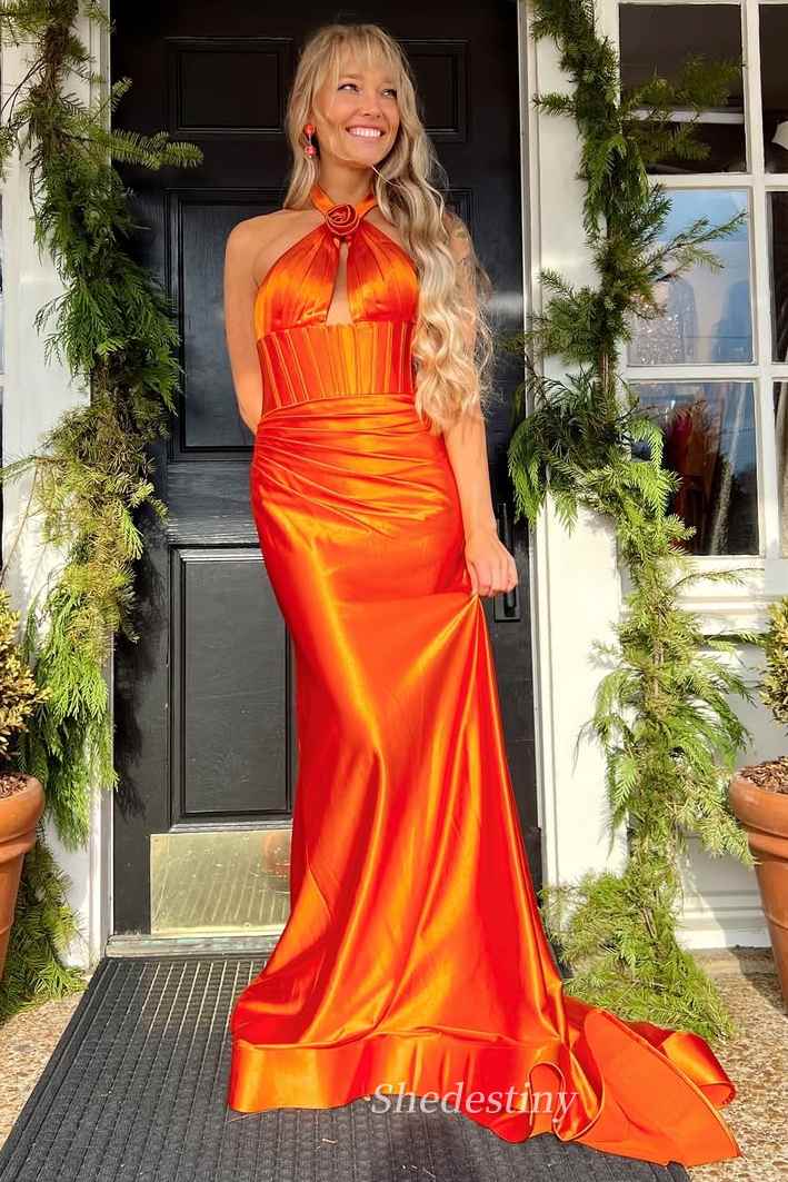 Mermaid Orange Halter Corset Long Prom Dress with Rosette Embellishment