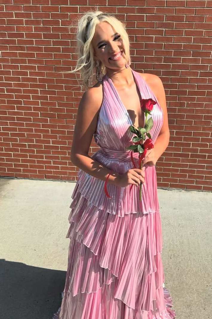 Metallic Neckholder V-Ausschnitt Silber Asymmetrisches Ballkleid mit Rüschenschlitz 
