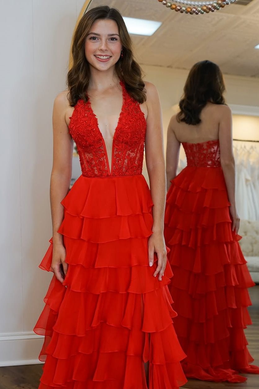 Chiffon Halter Red V-Neck Mermaid Slit Prom Dress with Tiered Ruffles