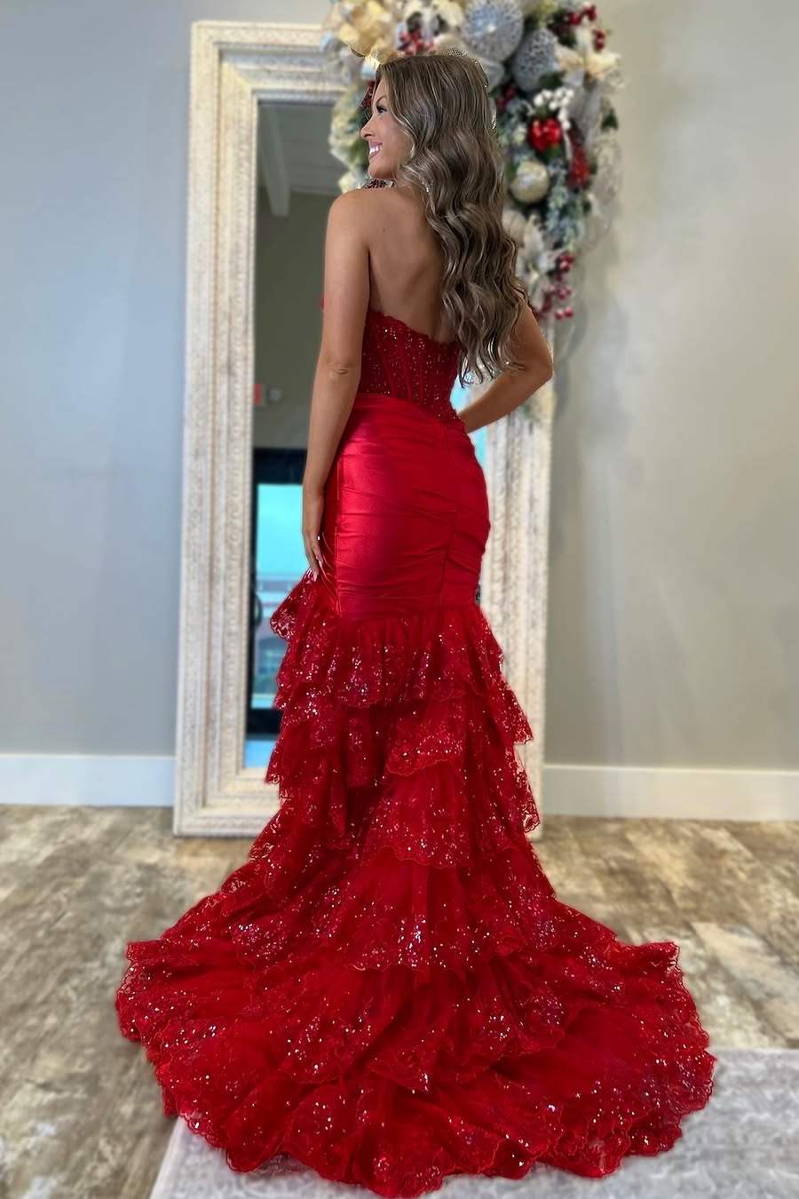 Strapless Pleated Mermaid Navy Sequin Layered Ruffle Prom Dress