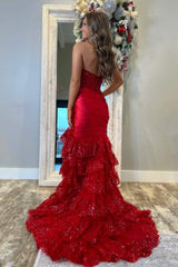 Strapless Pleated Mermaid Navy Sequin Layered Ruffle Prom Dress