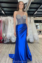 Rhinestone Strapless Mermaid Shining Blue Slit Prom Dress