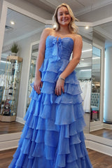 Chiffon Blue Sweetheart Tiered Ruffles Prom Dress with Slit