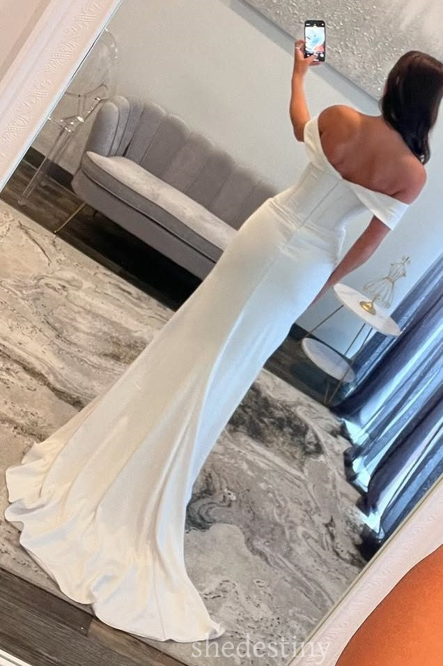 Off-The-Shoulder Sweetheart Neck Pleated Split Long Prom Dress in Ivory