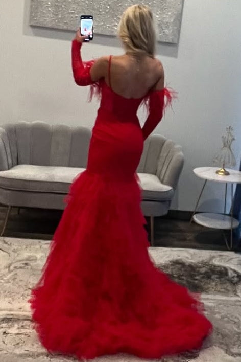 Tiered Ruffles Red One Shoulder Mermaid Prom Dress with Feather Sleeves