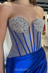 Royal Blue Shining Rhinestone Strapless Mermaid Blue Slit Prom Dress