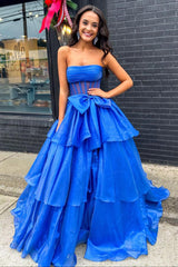 Blue Strapless A-Line Satin Prom Dress with Bow