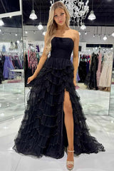 Tiered Ruffles Sequin Black Pleated Strapless Slit Prom Dress