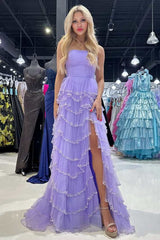 Tiered Ruffles Sequin Lavender Pleated Strapless Slit Prom Dress