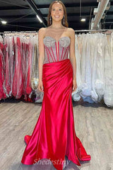 Red Shining Rhinestone Strapless Mermaid Blue Slit Prom Dress