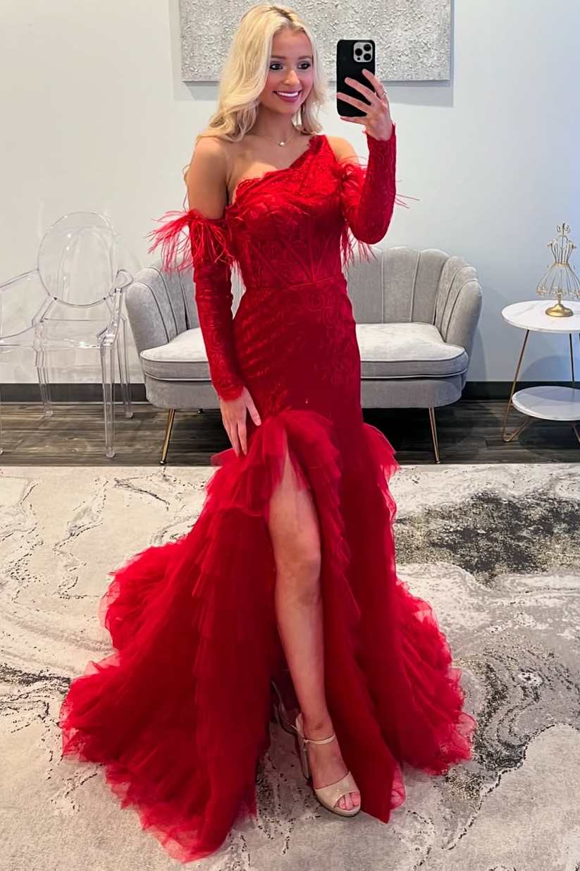 Red One Shoulder Tiered Ruffles Mermaid Prom Dress with Feather Sleeves