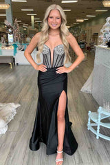 Shining Rhinestone Strapless Mermaid Black Slit Prom Dress