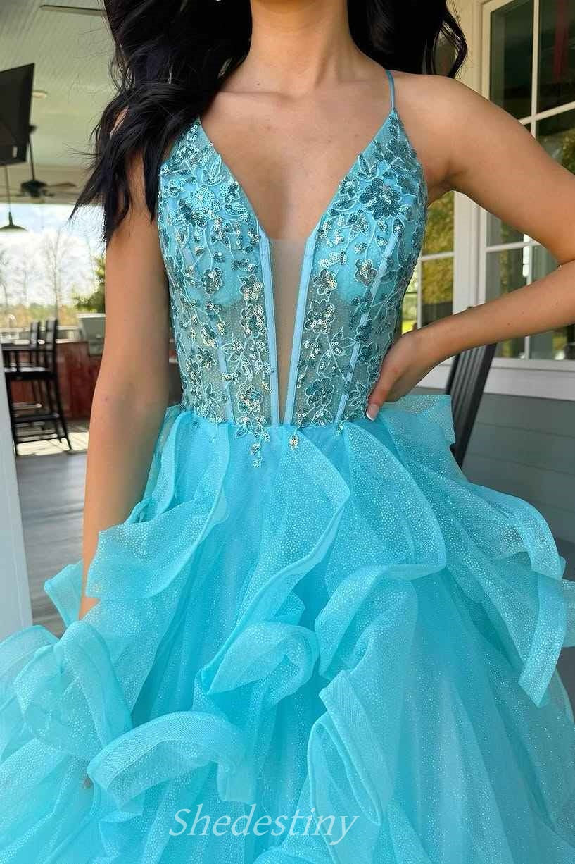 Blue Plunging V-Neck A-Line Curling Ball Gown with Sequin 