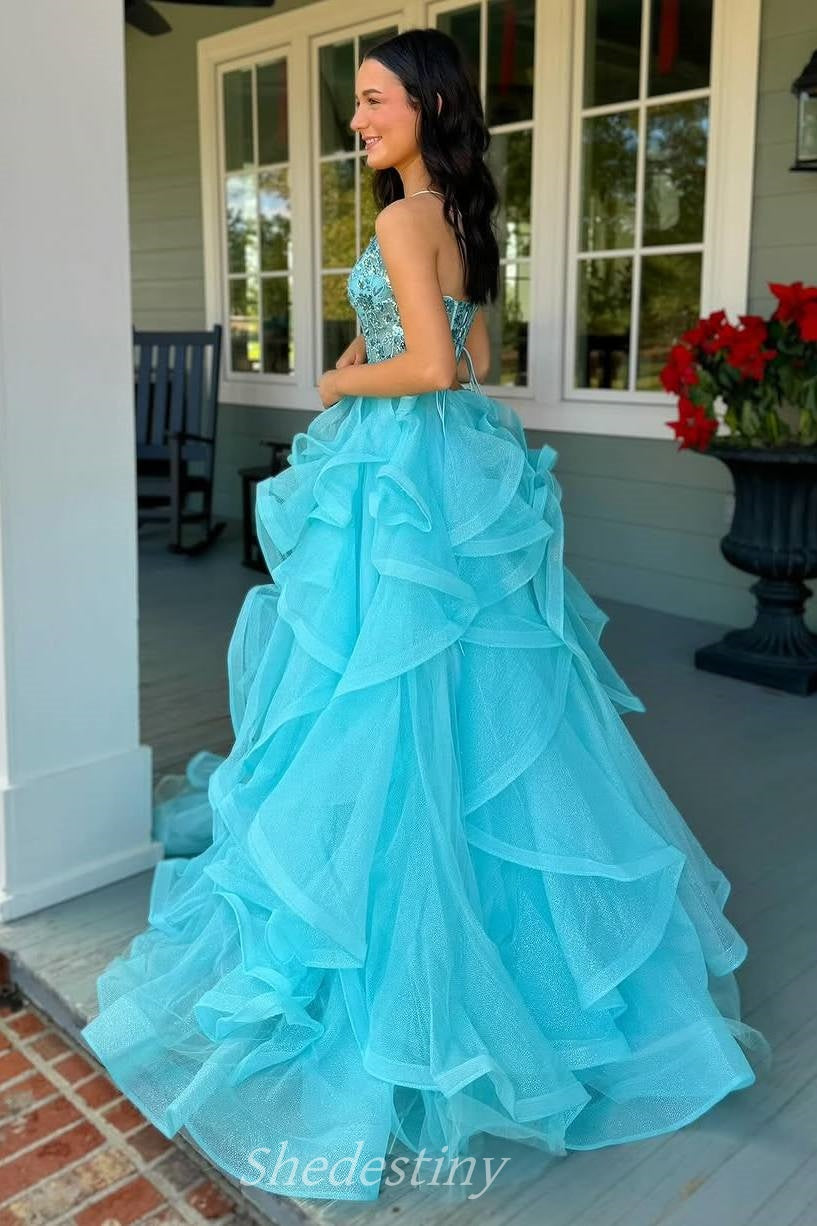 Plunging V-Neck Curling A-Line Blue Ball Gown with Sequin 