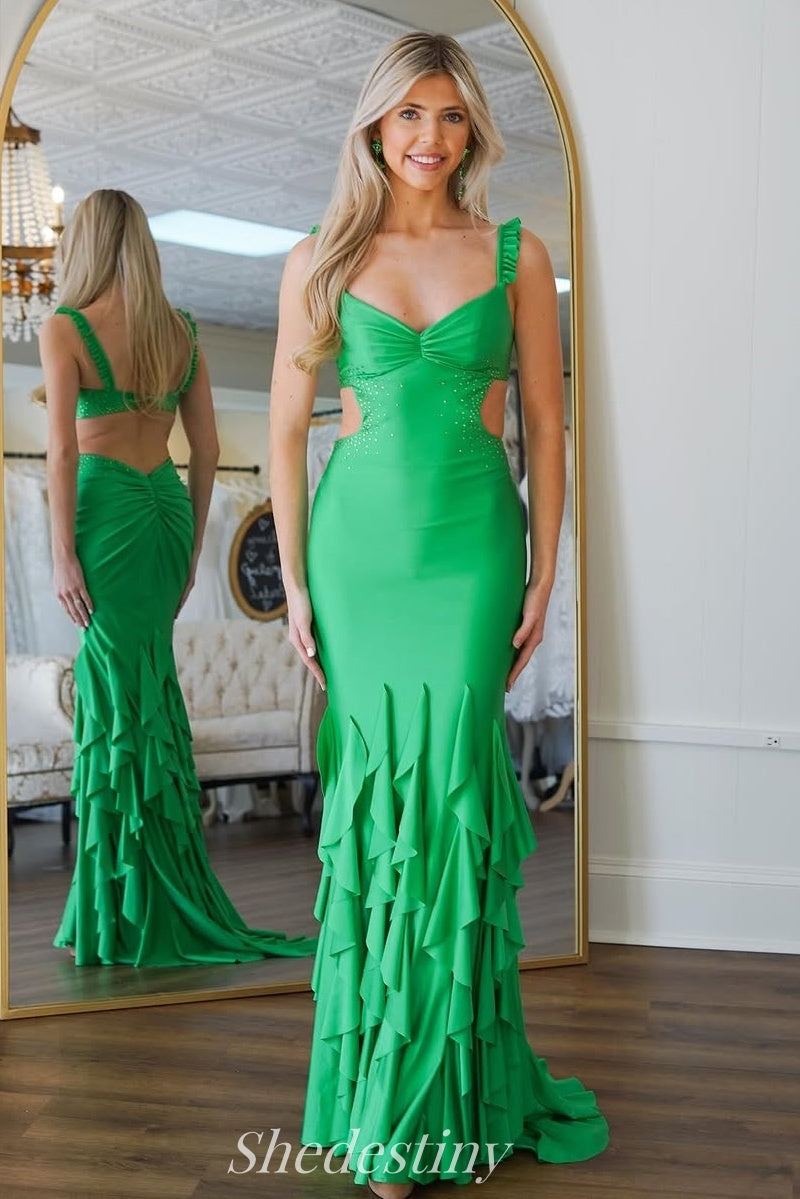V-Neck Green Mermaid Pleated Curling Prom Dress with Straps