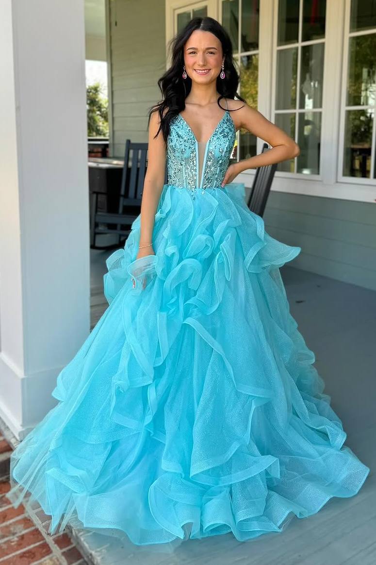 A-Line Blue Plunging V-Neck Curling Ball Gown with Sequin 