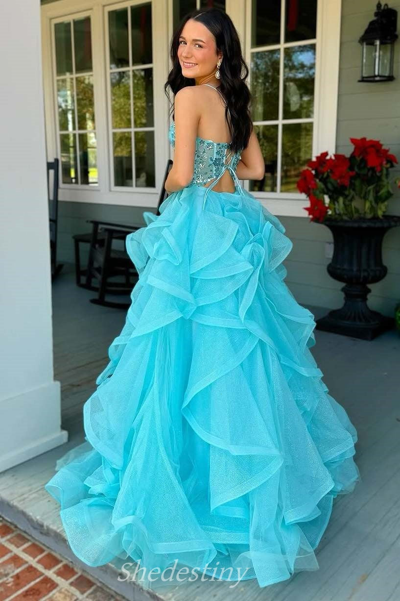 Sequin A-Line Blue Plunging V-Neck Curling Ball Gown