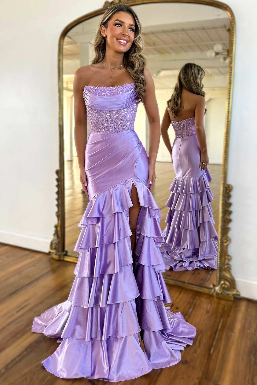 Corset Pink Strapless Mermaid Ruffles Slit Prom Dress