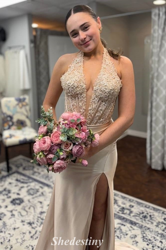 Rhinestone Halter V-Neck Champagne Mermaid Slit Long Prom Dress
