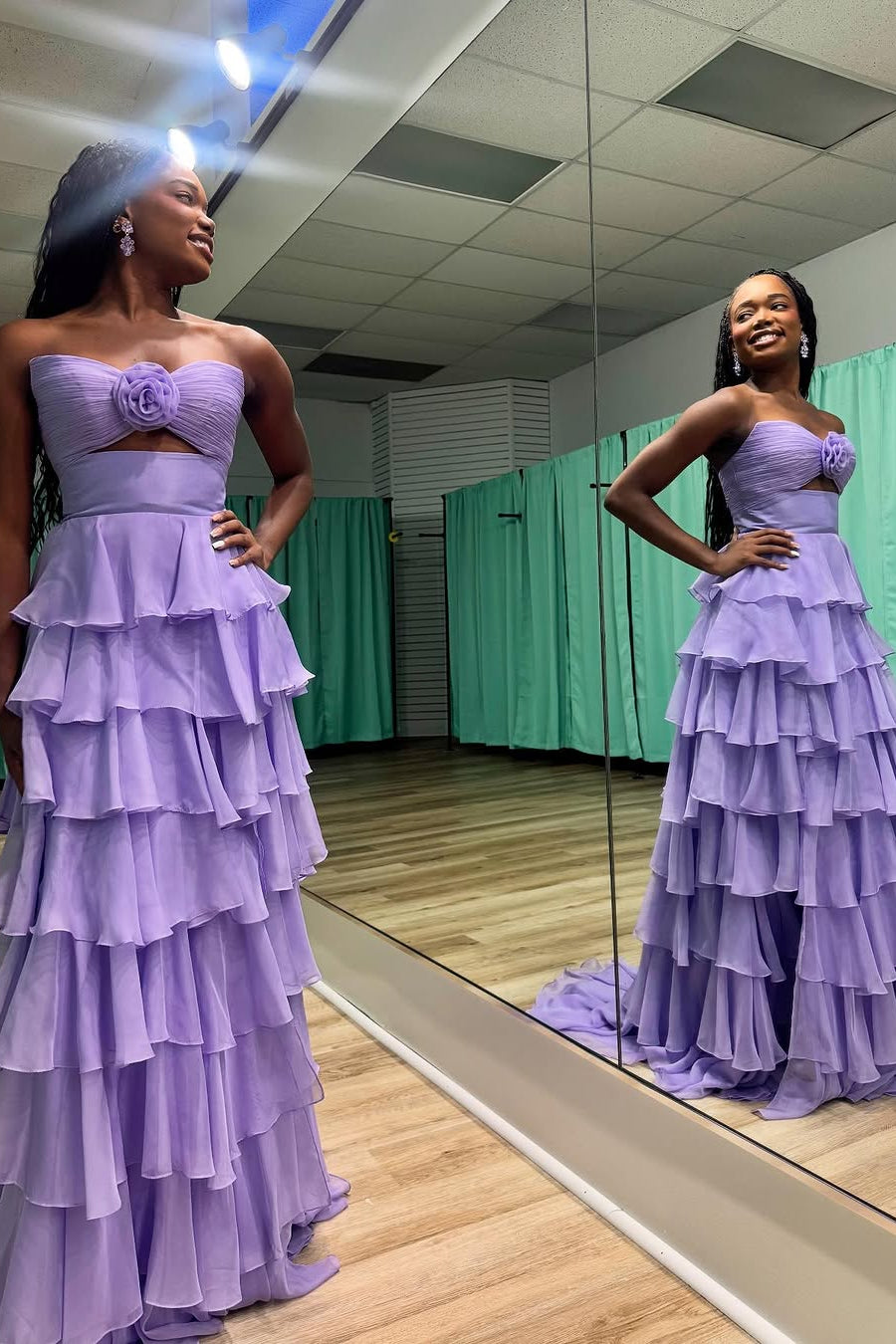 Strapless keyhole Tiered Ruffles Floor Length Chiffon Prom Gown in Pink