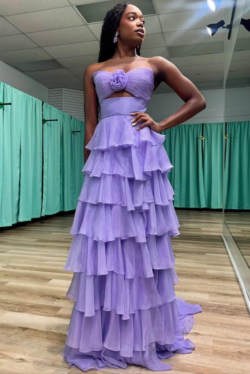 Strapless keyhole Tiered Ruffles Floor Length Chiffon Prom Gown in Pink