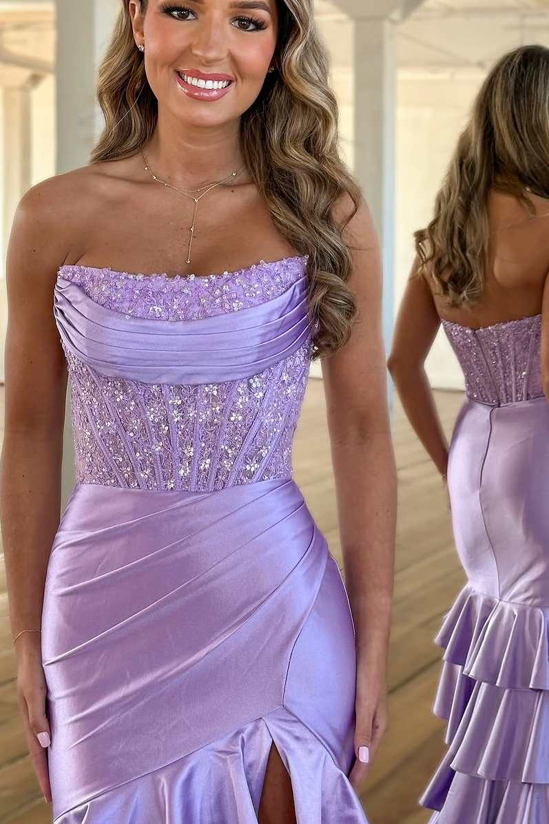 Corset Pink Strapless Mermaid Ruffles Slit Prom Dress