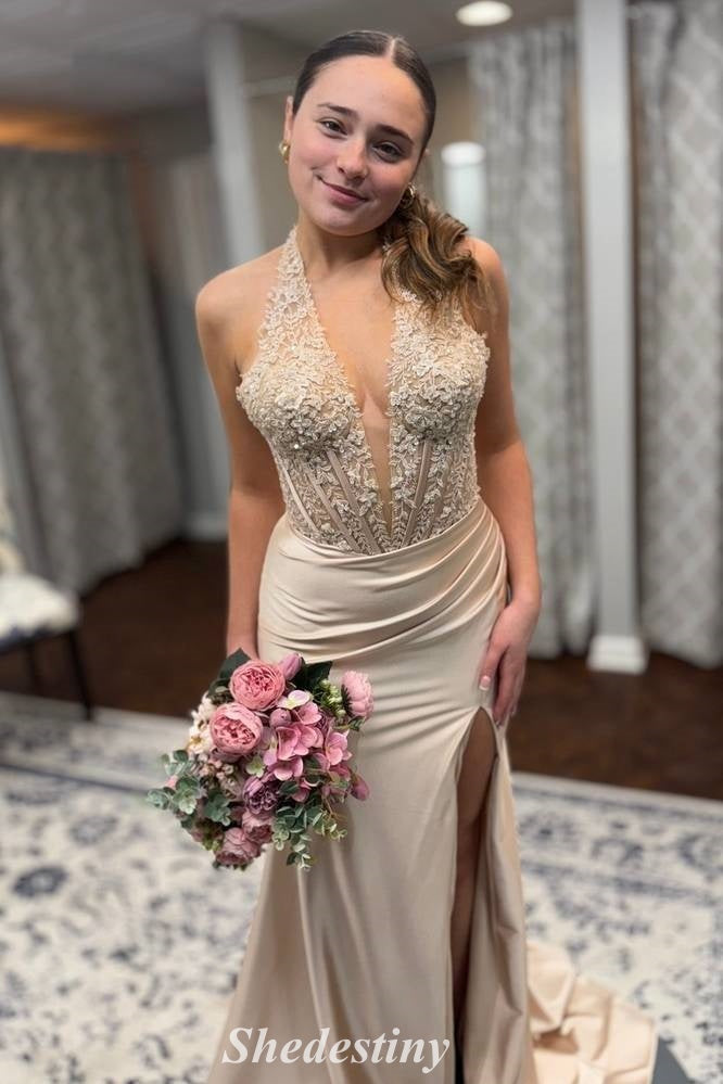 Rhinestone Halter V-Neck Champagne Mermaid Slit Prom Dress
