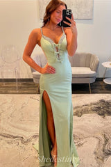 Mermaid V-Neck Sage Rhinestone Keyhole Prom Dress