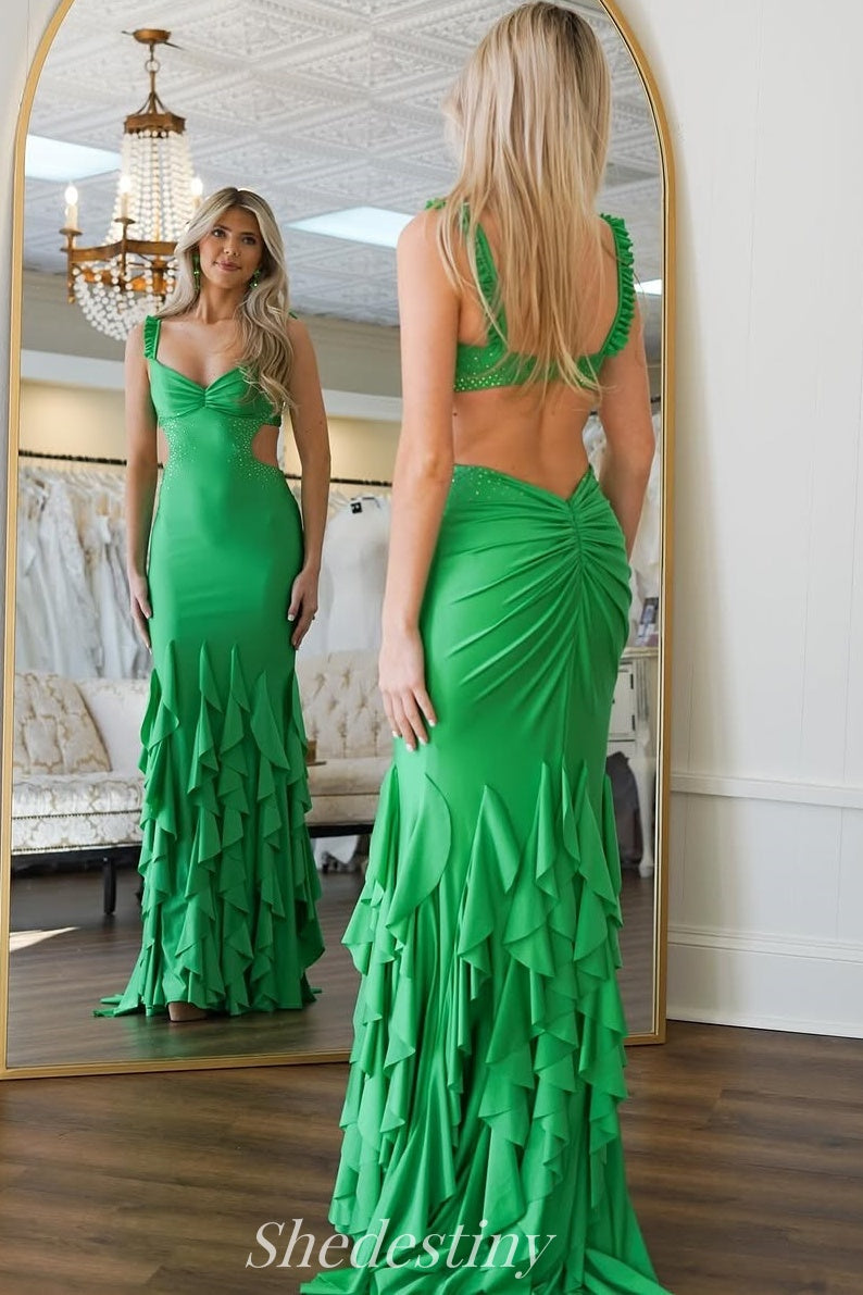 V-Neck Pleated Curling Prom Dress with Straps