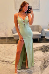 Mermaid V-Neck Sage Rhinestone Keyhole Bowknot Prom Dress