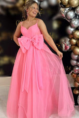 Sparkly V-Neck Blush Tulle Bowknot Prom Dress