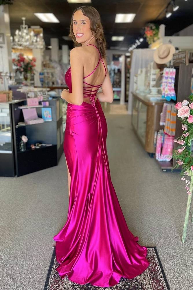 Lace-Up Magenta Elegant Prom Dress with Slit