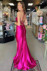 Lace-Up Magenta Elegant Prom Dress with Slit