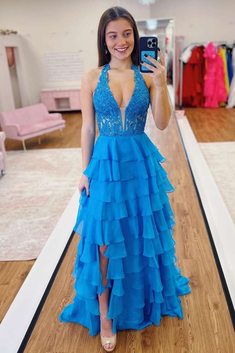 Chiffon Halter Blue V-Neck Mermaid Slit Prom Dress with Tiered Ruffles