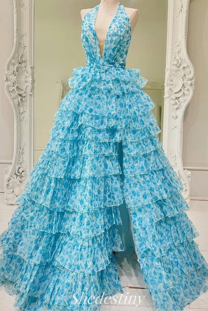 A-Line Blue Halter V-Neck Tiered Prom Dress with Slit