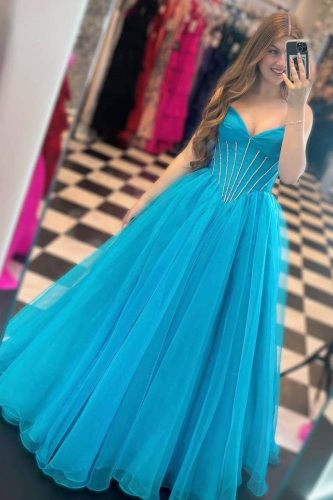 Strapless Beaded Ball Gown with Slit in Blue