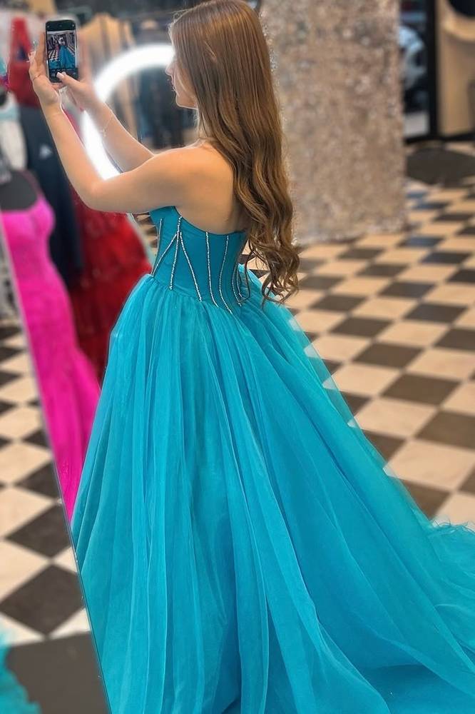 Strapless Beaded Ball Gown with Slit
