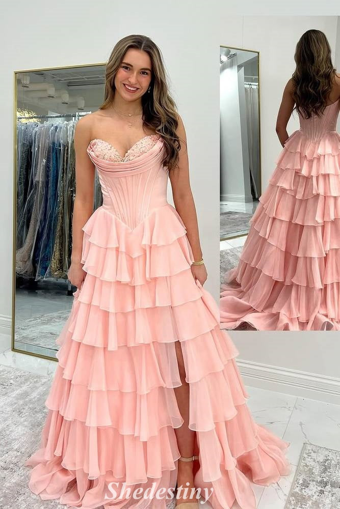 Yellow Strapless A-Line Ruffle Long Prom Dress with Slit