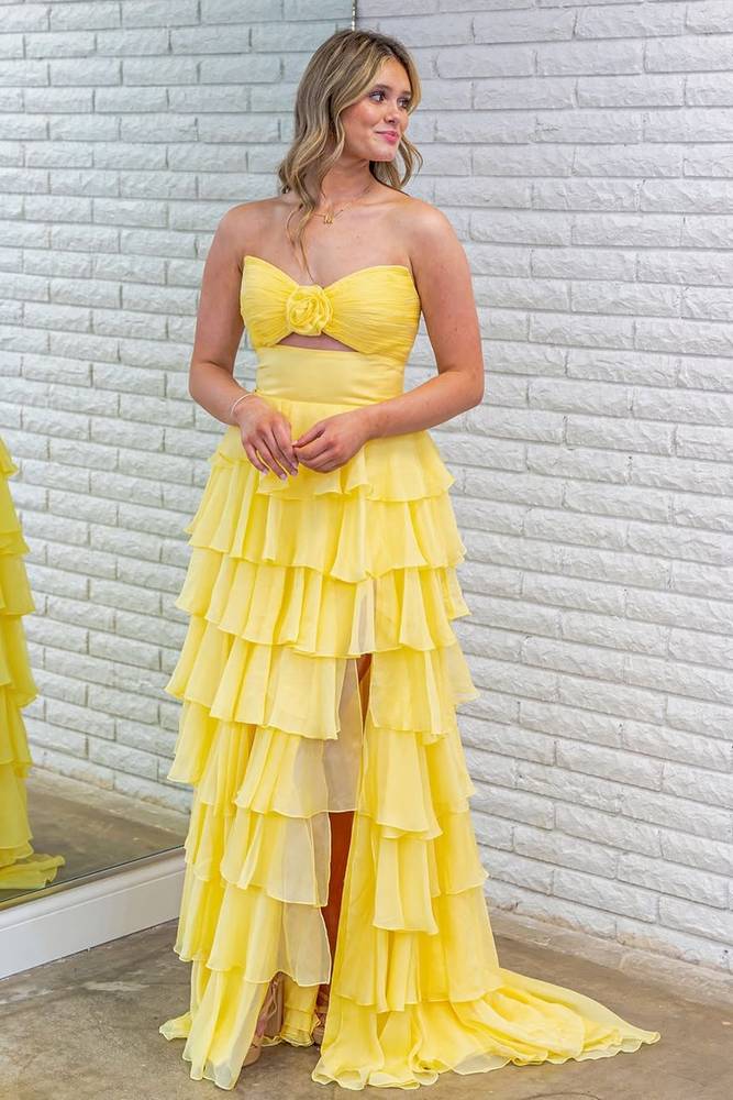 Strapless keyhole Tiered Ruffles Floor Length Chiffon Prom Gown in Pink